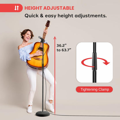 Adjustable Mic Stand, Secure Hold, Die-Cast Base, 36.2"-63.7"