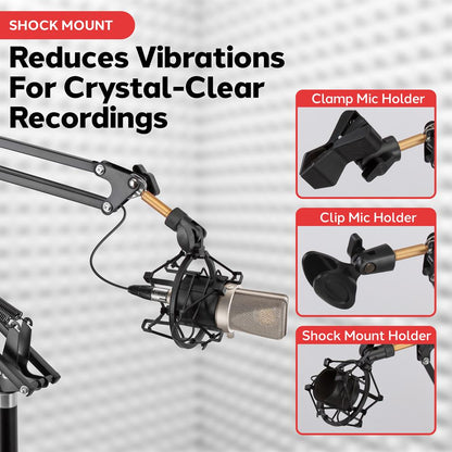 Adjustable Mic Boom Stand - Durable Metal, Pop Filter, Shock Mount