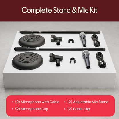 Pyle 2 Microphone Stand With Mic Kit – Adjustable Height Stand, Dynamic Microphone, 3-Meter Xlr Cable, Heavy-Duty Base, Cardioid Pickup Pattern