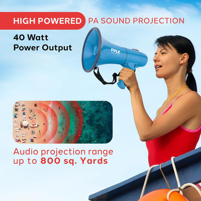 40W Megaphone Siren Bullhorn, Loud Sound, Rechargeable, Blue