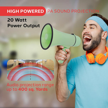 20W Megaphone Bullhorn - 400 Yards Range, Siren, Aux Input, Green