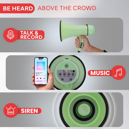 20W Megaphone Bullhorn - 400 Yards Range, Siren, Aux Input, Green