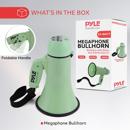20W Megaphone Bullhorn - 400 Yards Range, Siren, Aux Input, Green
