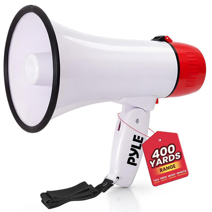 Megaphone Bullhorn 20W, 400-Yard Range, Aux Input, White-Red