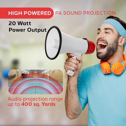 Megaphone Bullhorn 20W, 400-Yard Range, Aux Input, White-Red