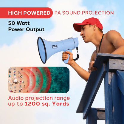 50W Megaphone Bullhorn - Loud Projection, Aux Input, Blue