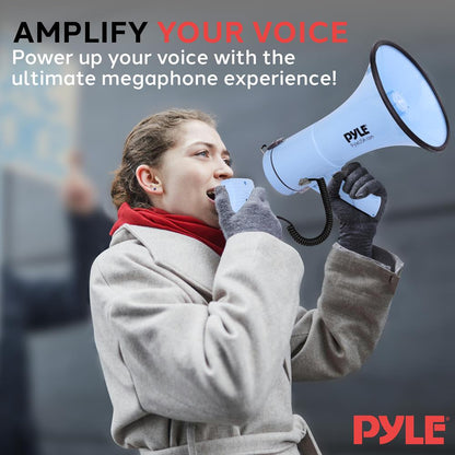 50W Megaphone Bullhorn - Loud Projection, Aux Input, Blue