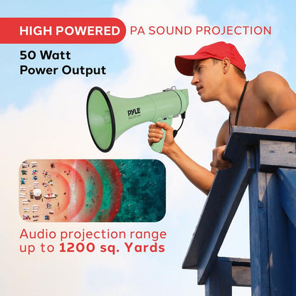 Megaphone Bullhorn 50W, 1200 Yards Range, Automatic Siren, Green