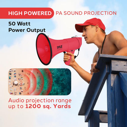 Megaphone Bullhorn 50W, 1200 Yards Range, Aux Input, Red
