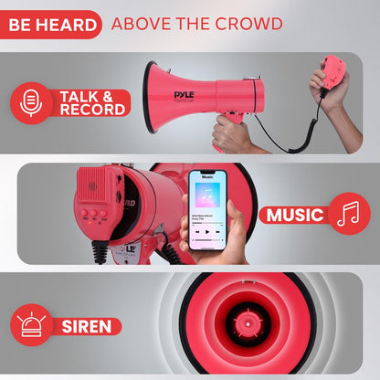 Megaphone Bullhorn 50W, 1200 Yards Range, Aux Input, Red