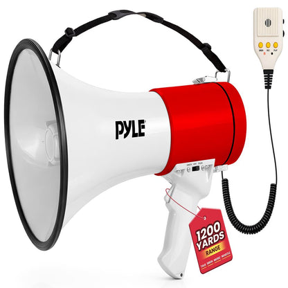50W Megaphone Bullhorn - Loud Siren, Aux Input, White-Red