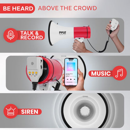 50W Megaphone Bullhorn - Loud Siren, Aux Input, White-Red