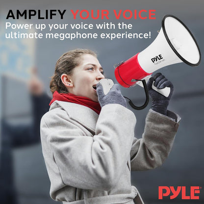 50W Megaphone Bullhorn - Loud Siren, Aux Input, White-Red