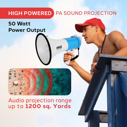 50W Megaphone Bullhorn - Loud Projection, Automatic Siren, White-Blue
