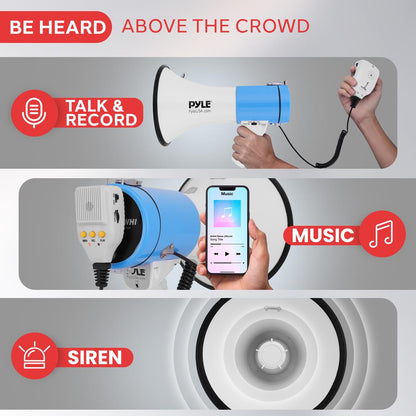 50W Megaphone Bullhorn - Loud Projection, Automatic Siren, White-Blue
