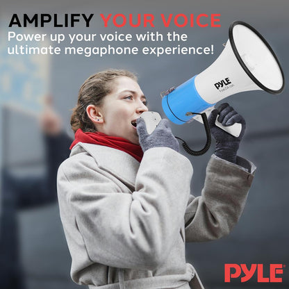 50W Megaphone Bullhorn - Loud Projection, Automatic Siren, White-Blue