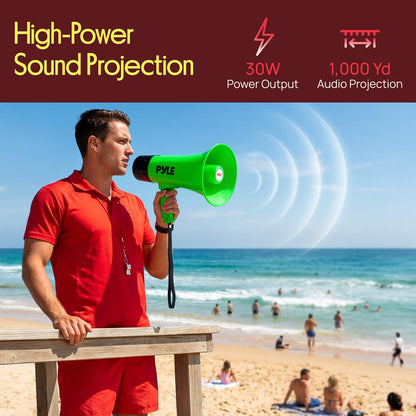 Pyle 30W Rechargeable Megaphone With Talk Mode, Voice Changer, Recording, Bluetooth, And Usb-C Charging – Perfect For Events And Announcements (Green)