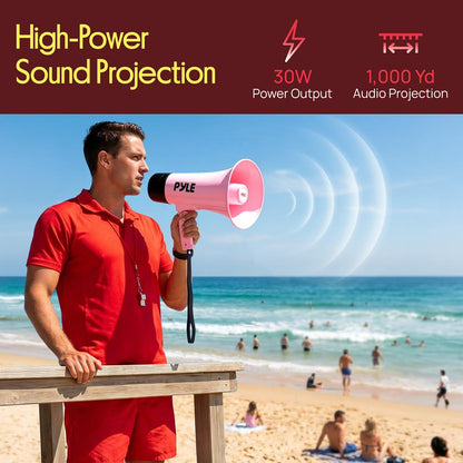 Pyle 30W Rechargeable Megaphone With Talk Mode, Voice Changer, Recording, Bluetooth, And Usb-C Charging – Perfect For Events And Announcements (Light Pink)