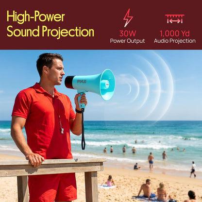 Pyle 30W Rechargeable Megaphone With Talk Mode, Voice Changer, Recording, Bluetooth, And Usb-C Charging – Perfect For Events And Announcements (Light Teal)