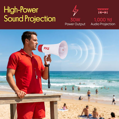 Pyle 30W Rechargeable Megaphone With Voice Changer, Bluetooth, Siren, And Usb-C Charging – Perfect For Events And Announcements (Red)