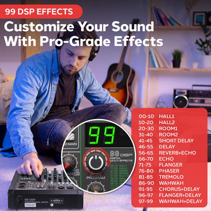 6-Channel Audio Mixer - Bluetooth Streaming - 99 Digital Effects - Metal