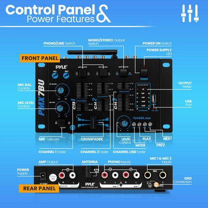 3-Channel Bluetooth DJ Mixer, Wireless Streaming, USB Reader, Blue