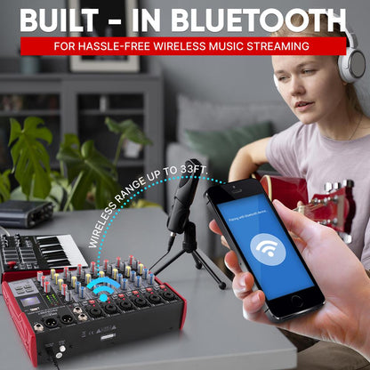 8-Channel Wireless DJ Mixer - Bluetooth Streaming, USB, +48V Phantom Power
