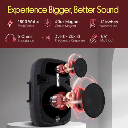 Wireless PA System Kit 1800W - Bluetooth, Dual 12" Speakers, Stands, Mic
