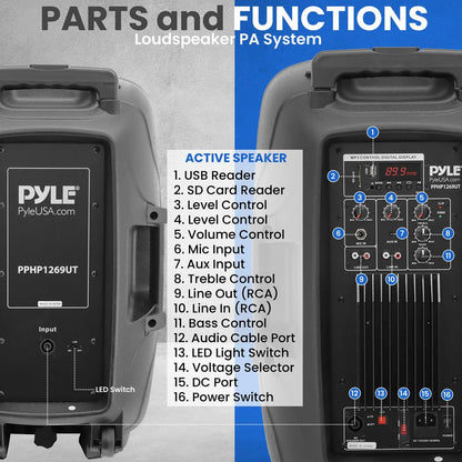 400W Bluetooth PA Speaker System, Portable, 12" Woofer, Party Lights