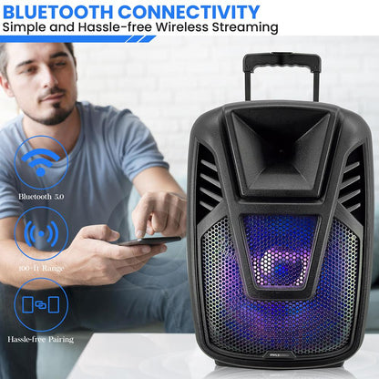15" Portable Speaker - Wireless Streaming, LED, Wheels, Rechargeable Battery