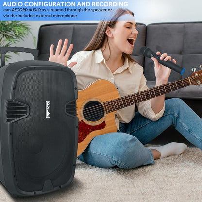 Portable Bluetooth PA Speaker 1600W Rechargeable Battery 15" w/ Mics