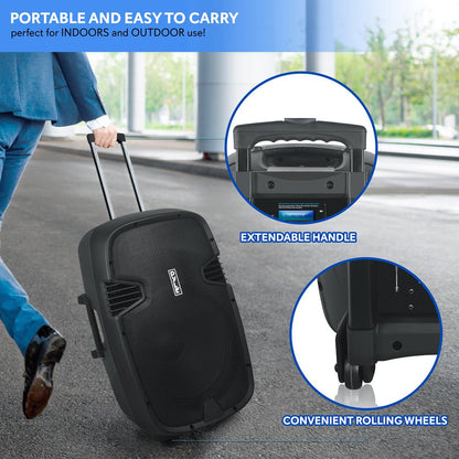 Portable Bluetooth PA Speaker 1600W Rechargeable Battery 15" w/ Mics