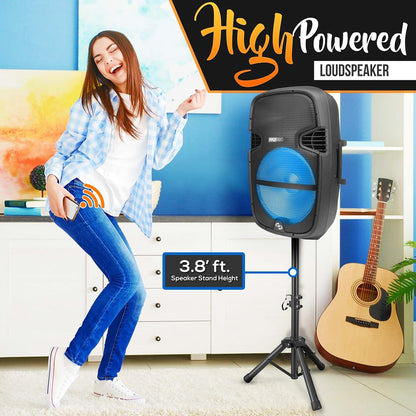 Portable Bluetooth PA Speaker 1000W, 15" Subwoofer, Party Lights, Blue