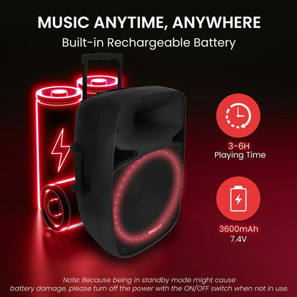 Wireless PA Speaker System 500W, Bluetooth, 15" Woofer, Party Lights