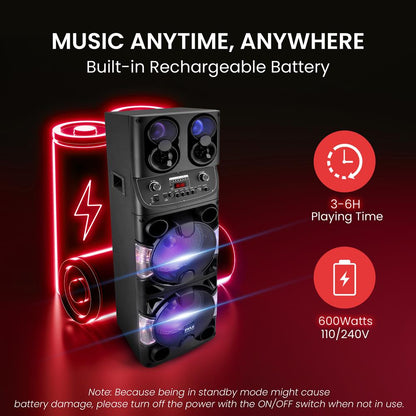 Portable Bluetooth PA Speaker 600W Rechargeable Dual 10" LED Lights