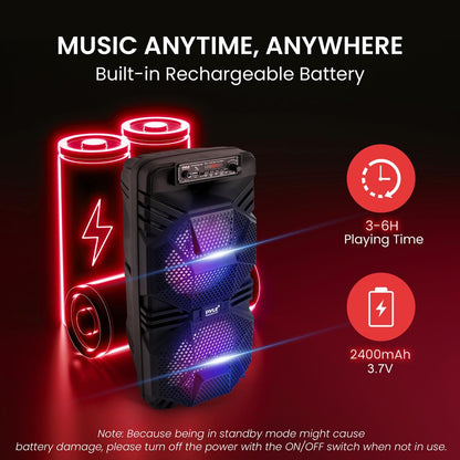 Bluetooth PA Speaker 600W Rechargeable Dual 8" Subwoofers Party Lights