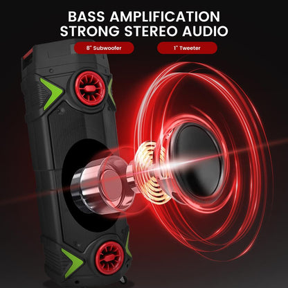 Portable Bluetooth PA Speaker 400W Rechargeable LED Lights 8" Dual Subwoofer