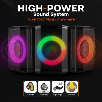 Bluetooth Party Speaker, Powerful Bass, TWS, LED Lights, 120W, Tripod