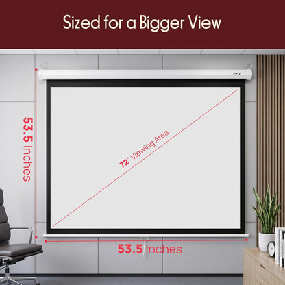 Pyle 72-Inch Manual Pull Down Projector Screen - Matte White Fabric, Adjustable Height, Auto-Locking Roll Down, Black Masking Border, Ceiling & Wall Mountable (Matte White)