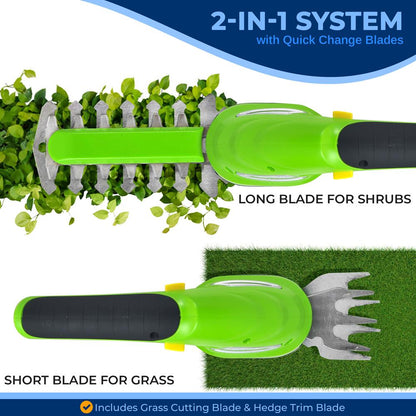 Cordless Grass Cutter & Hedge Trimmer, Rechargeable, Quick Change Blades, Green
