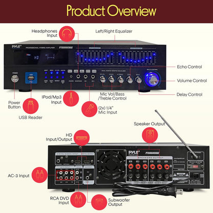 2000W Bluetooth 6-Channel Home Amplifier - Wireless Streaming, USB/AUX/RCA