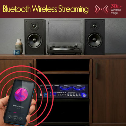 2000W Bluetooth 6-Channel Home Amplifier - Wireless Streaming, USB/AUX/RCA