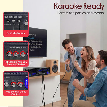 2000W Bluetooth 6-Channel Home Amplifier - Wireless Streaming, USB/AUX/RCA