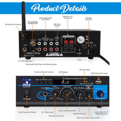 Bluetooth Stereo Amplifier 2x40W USB/SD/FM/AUX Inputs, Remote Control