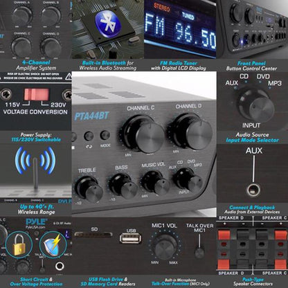 500W 4-Channel Bluetooth Amplifier, Wireless Streaming, USB/SD/AUX