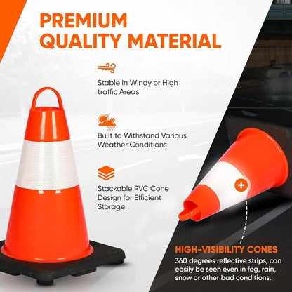 12" Safety Traffic Cones 6-Pack, High Visibility PVC, Orange