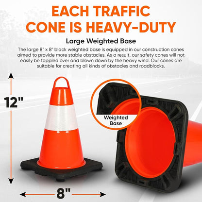 12" Safety Traffic Cones 6-Pack, High Visibility PVC, Orange