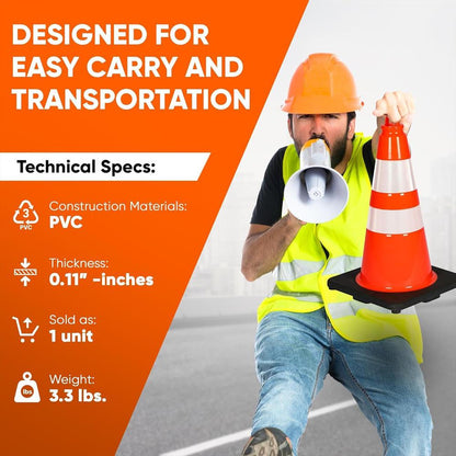 18" Traffic Cones 8-Pack, High Visibility, Reflective PVC, Orange