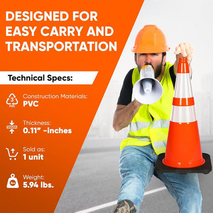 28" Traffic Cones 4-Pack, High Visibility, Reflective PVC, Orange