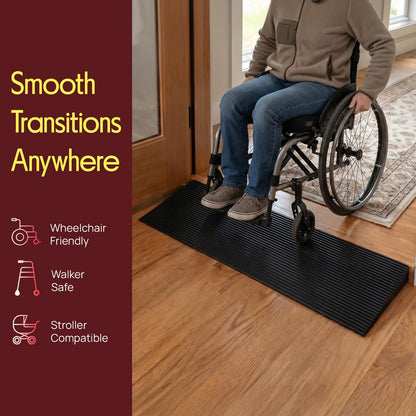 Pyle 1.6" Rise Rubber Threshold Ramp – Heavy-Duty, Non-Slip Doorway Ramp For Wheelchairs, Scooters, Strollers & Bathrooms, Easy To Install, Adjustable And Cuttable (Black)